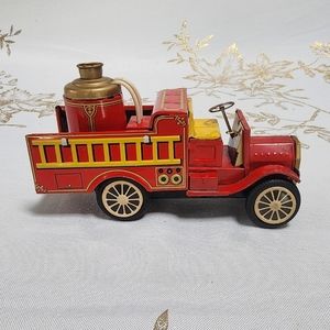 Antique Japan Cragstan 1950’s Old Smokey Tin Fire Truck - Vintage Red Fire Truck